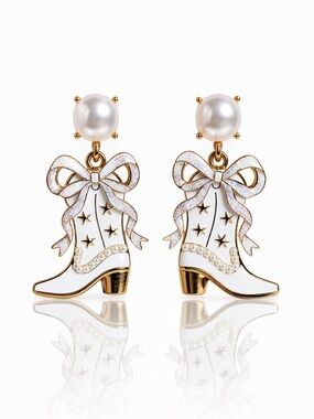 Pearl Top White Enamel Cowboy Boot Drop Earrings - Women Jewelry